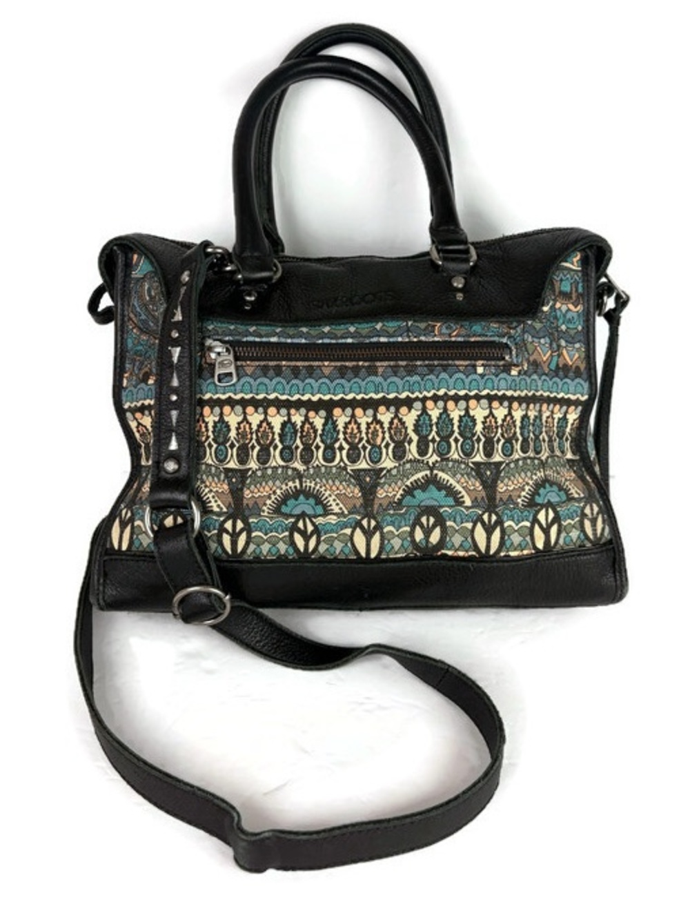 Sakroots Boho Elephant Canvas Leather Crossbody Shoulder Bag in Turquoise/Tan